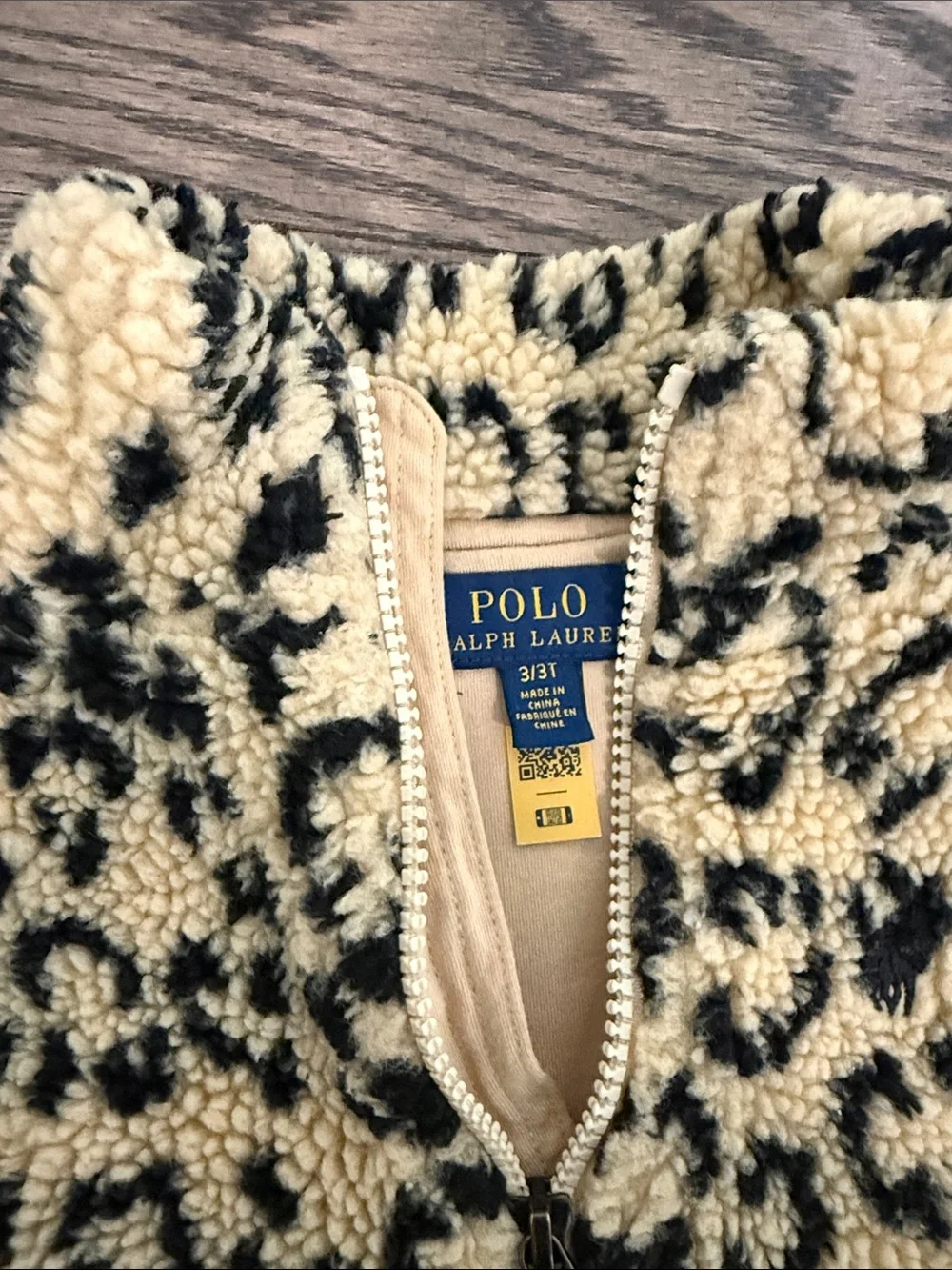 Ralph Lauren Kids Leopard Sherpa Zip Jacket - cream & Black 3T